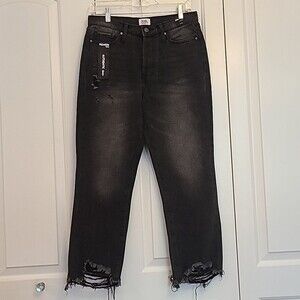 SIMPLE SOCIETY Black Super High Rise Straight Mom Jean Cropped Raw Hem 9/29